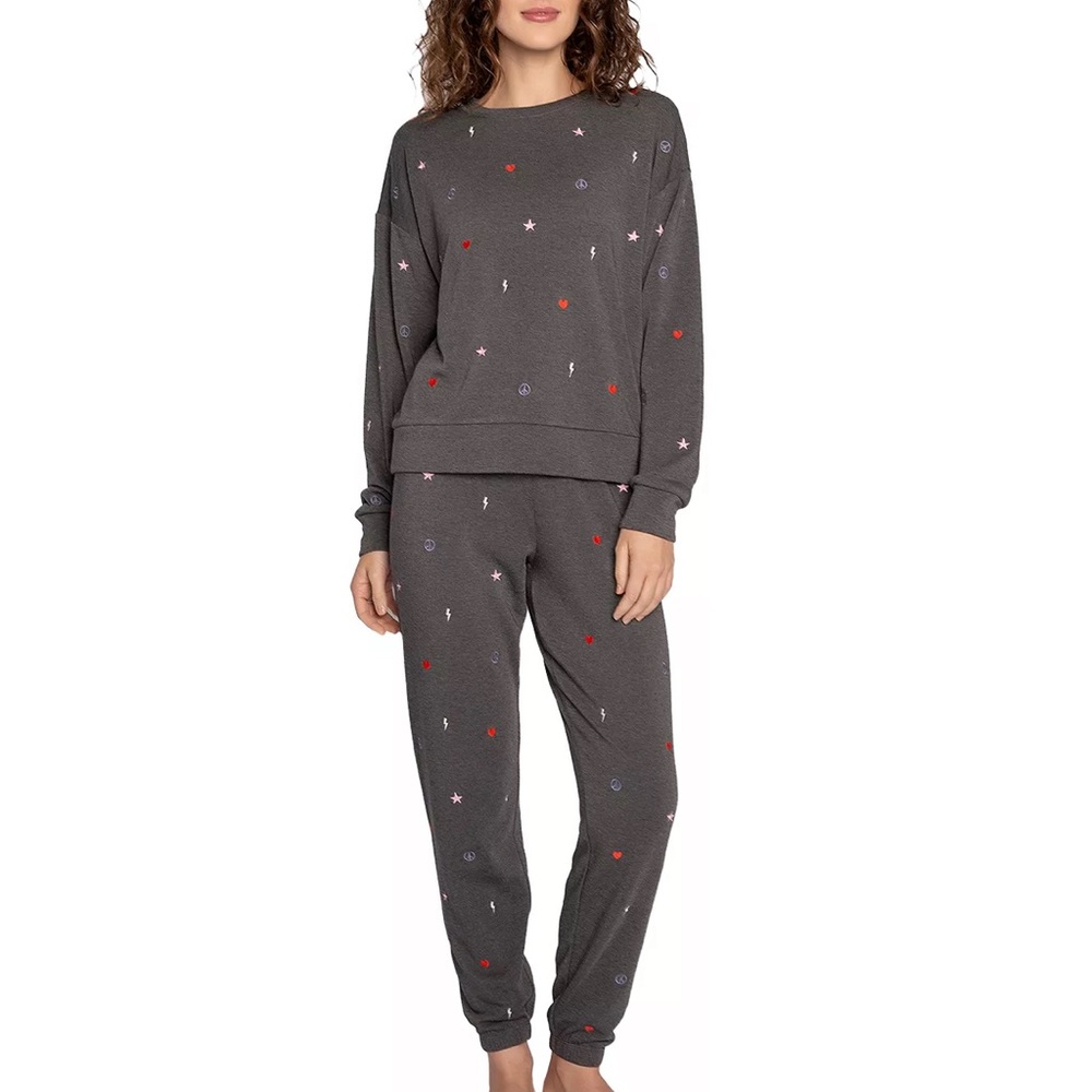 PJ Salvage Love Life Embroidered Fleece Pajamas Size Medium